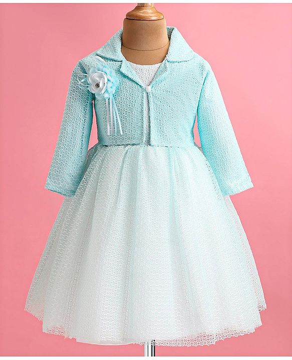 Babyhug Woven Full Sleeves Honeycomb Textured Fabric Fit & Flared Party Frock with Blazer & Floral Applique - Mint