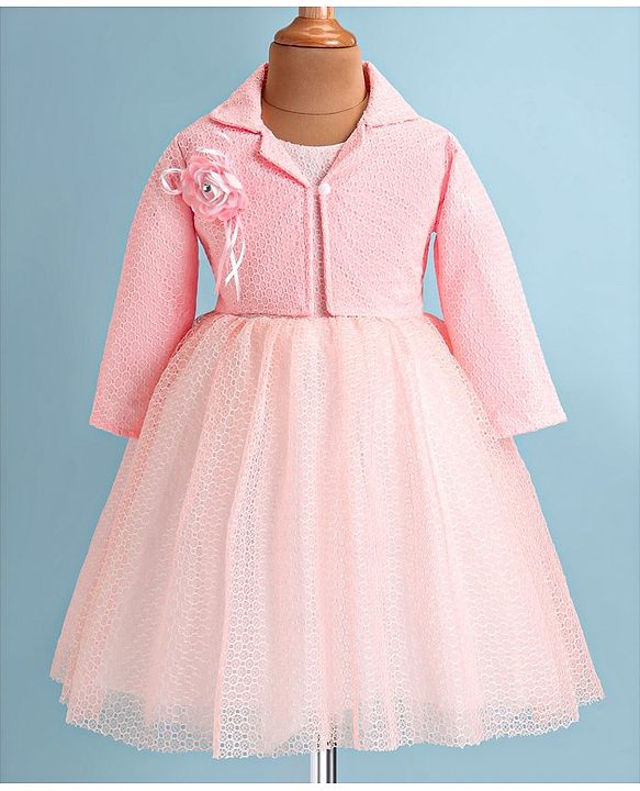 Babyhug Woven Full Sleeves Honeycomb Textured Fabric Fit & Flared Party Frock with Blazer & Floral Applique - Mint