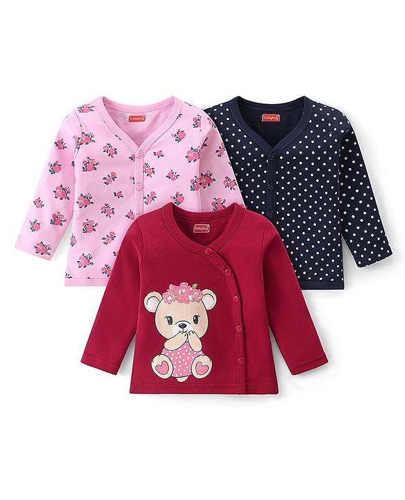 Babyhug 100% Cotton Front Open Set of Vets with Teddy Floral & Polka Dots Print Pack of 3 - Pink Maroon & Navy Blue