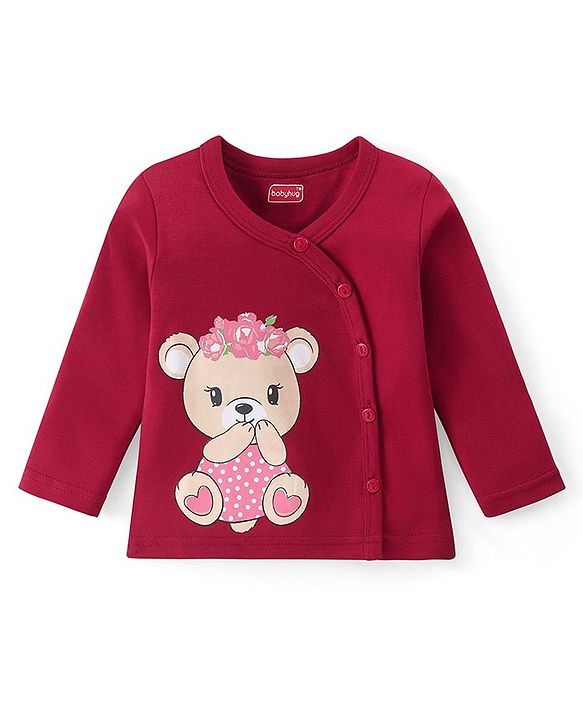Babyhug 100% Cotton Front Open Set of Vets with Teddy Floral & Polka Dots Print Pack of 3 - Pink Maroon & Navy Blue