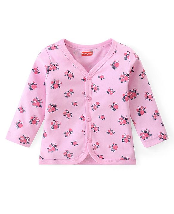 Babyhug 100% Cotton Front Open Set of Vets with Teddy Floral & Polka Dots Print Pack of 3 - Pink Maroon & Navy Blue
