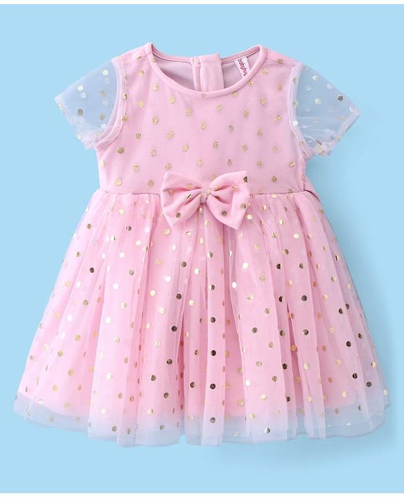 Babyhug Woven Half Sleeves Fit & Flared Party Frock with Headband & Foil Print Bow Applique - Pink