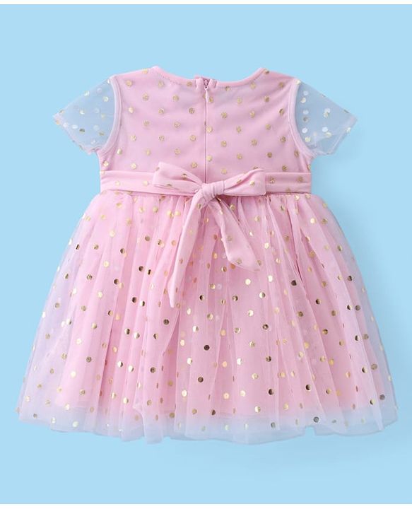 Babyhug Woven Half Sleeves Fit & Flared Party Frock with Headband & Foil Print Bow Applique - Pink