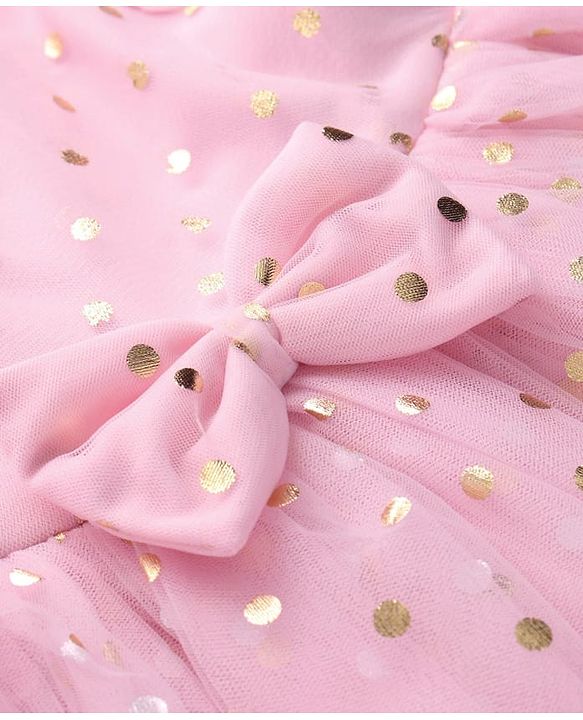 Babyhug Woven Half Sleeves Fit & Flared Party Frock with Headband & Foil Print Bow Applique - Pink