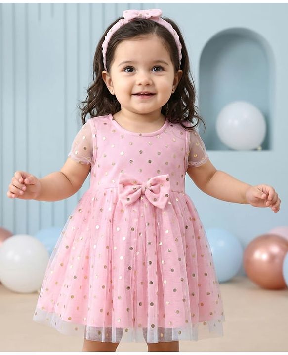 Babyhug Woven Half Sleeves Fit & Flared Party Frock with Headband & Foil Print Bow Applique - Pink