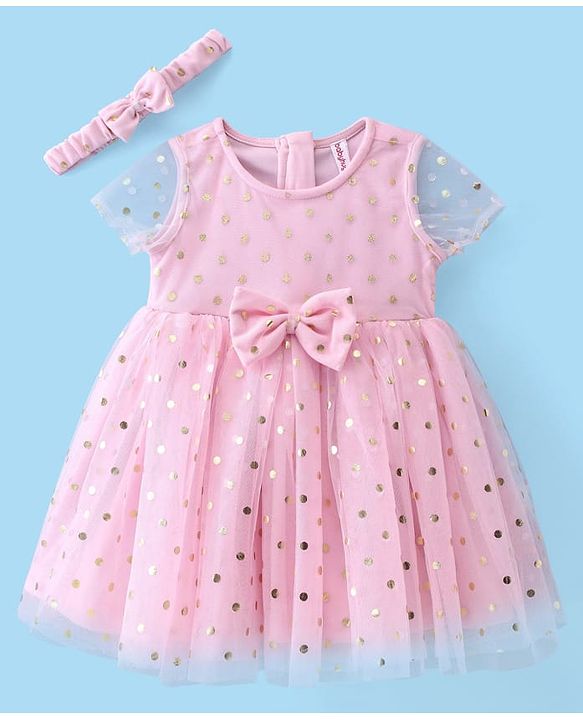 Babyhug Woven Half Sleeves Fit & Flared Party Frock with Headband & Foil Print Bow Applique - Pink