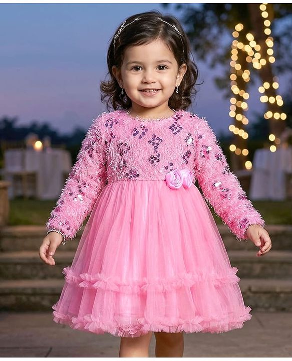 Babyhug Woven Full Sleeves Fit & Flared Party Frock with Sequin on Yoke & Floral Applique - Pink