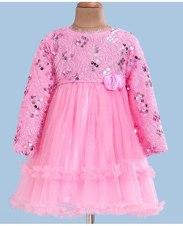 Babyhug Woven Full Sleeves Fit & Flared Party Frock with Sequin on Yoke & Floral Applique - Pink