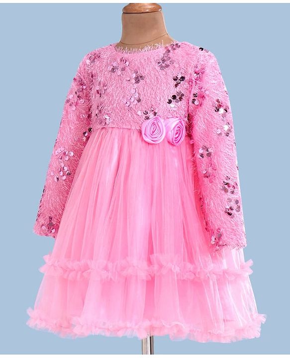 Babyhug Woven Full Sleeves Fit & Flared Party Frock with Sequin on Yoke & Floral Applique - Pink