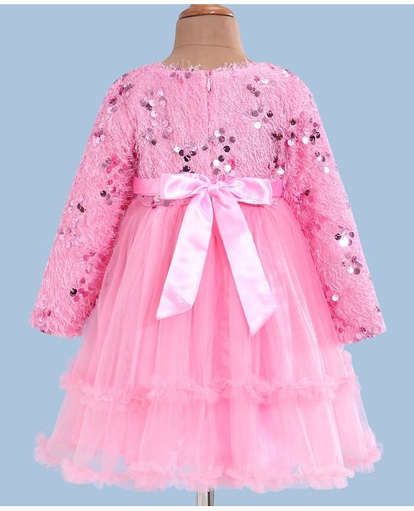 Babyhug Woven Full Sleeves Fit & Flared Party Frock with Sequin on Yoke & Floral Applique - Pink