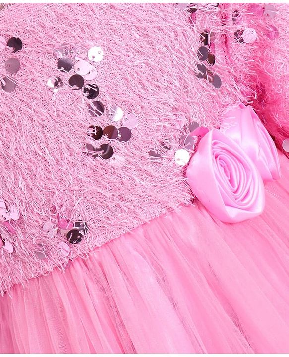 Babyhug Woven Full Sleeves Fit & Flared Party Frock with Sequin on Yoke & Floral Applique - Pink