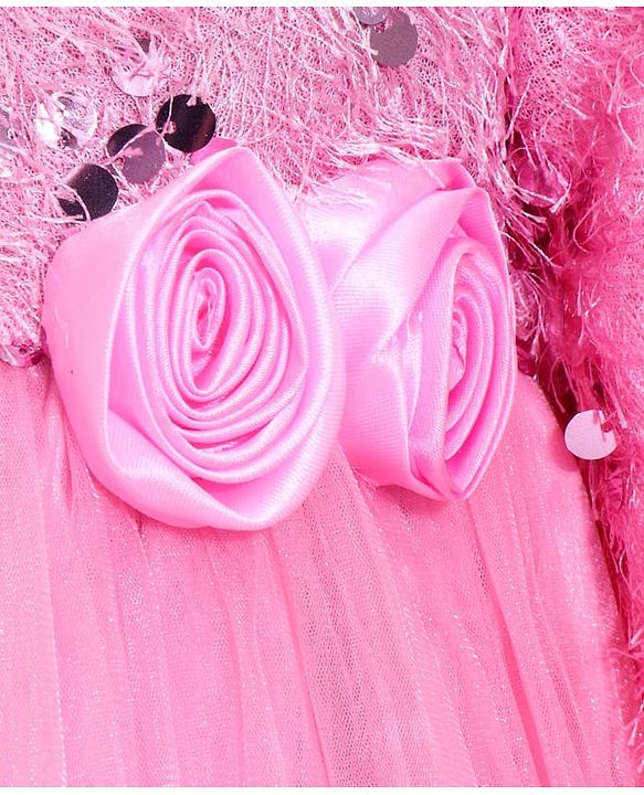 Babyhug Woven Full Sleeves Fit & Flared Party Frock with Sequin on Yoke & Floral Applique - Pink