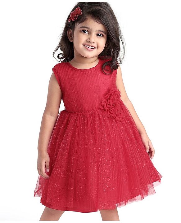 Babyhug Woven Pleated Fabric Sleeveless Solid Party Dress with  Floral Applique - Red