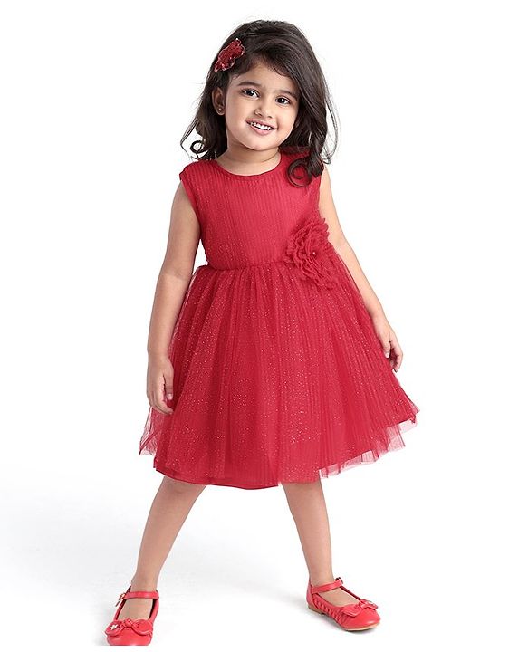 Babyhug Woven Pleated Fabric Sleeveless Solid Party Dress with  Floral Applique - Red