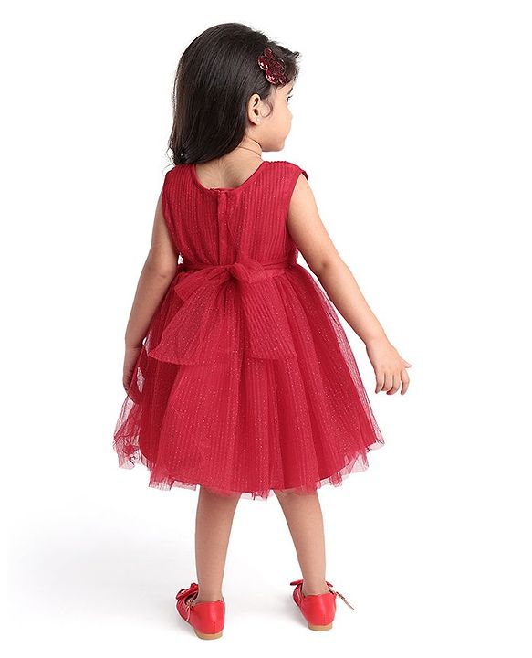 Babyhug Woven Pleated Fabric Sleeveless Solid Party Dress with  Floral Applique - Red