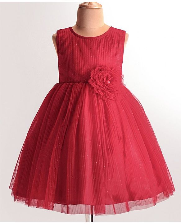 Babyhug Woven Pleated Fabric Sleeveless Solid Party Dress with  Floral Applique - Red