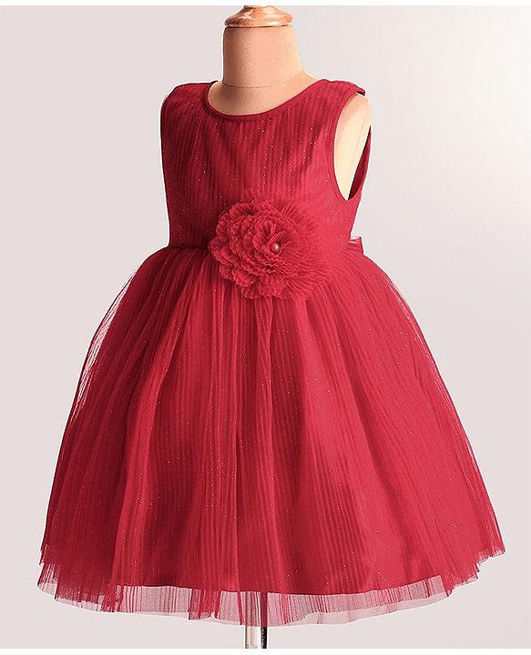 Babyhug Woven Pleated Fabric Sleeveless Solid Party Dress with  Floral Applique - Red