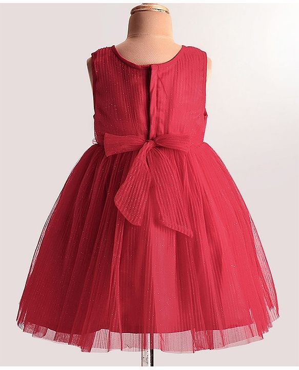 Babyhug Woven Pleated Fabric Sleeveless Solid Party Dress with  Floral Applique - Red