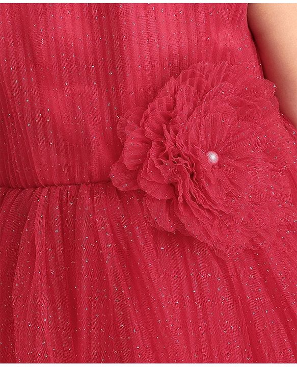Babyhug Woven Pleated Fabric Sleeveless Solid Party Dress with  Floral Applique - Red