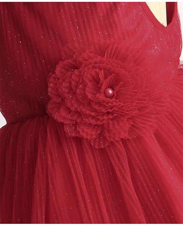 Babyhug Woven Pleated Fabric Sleeveless Solid Party Dress with  Floral Applique - Red