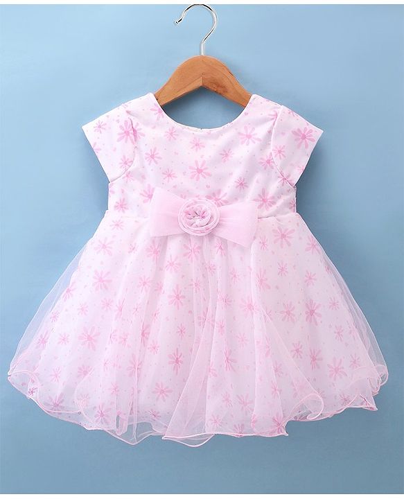 Babyhug Woven Half Sleeves Fit and Flare Dress Party Frock With Floral Print & Bow Applique- White & Pink