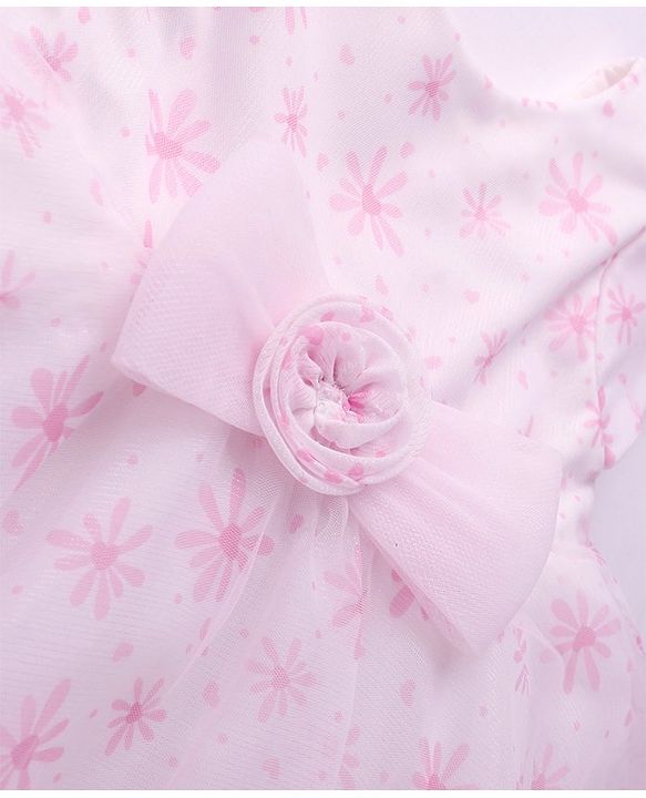 Babyhug Woven Half Sleeves Fit and Flare Dress Party Frock With Floral Print & Bow Applique- White & Pink