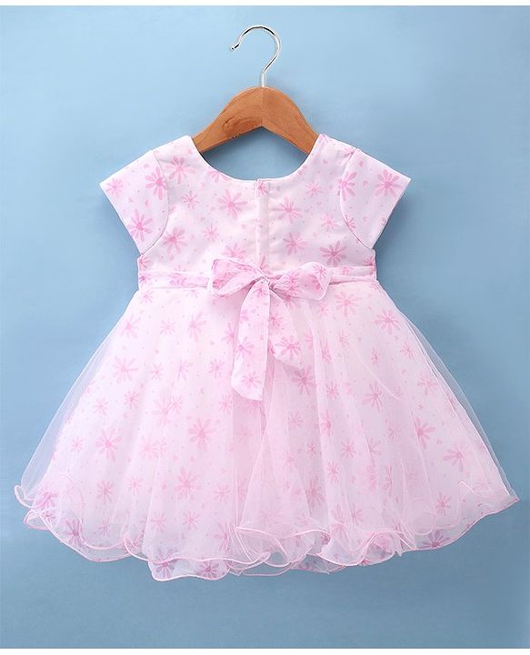 Babyhug Woven Half Sleeves Fit and Flare Dress Party Frock With Floral Print & Bow Applique- White & Pink