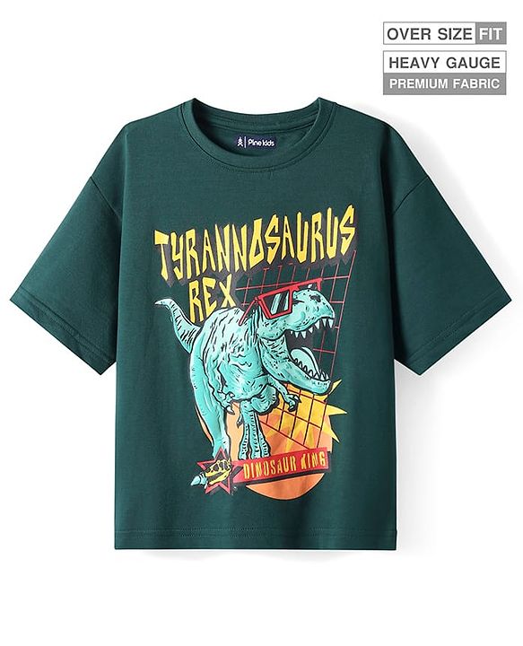 Pine Kids Cotton Knit Half Sleeves T-Shirt With Dino Print - Dark Green