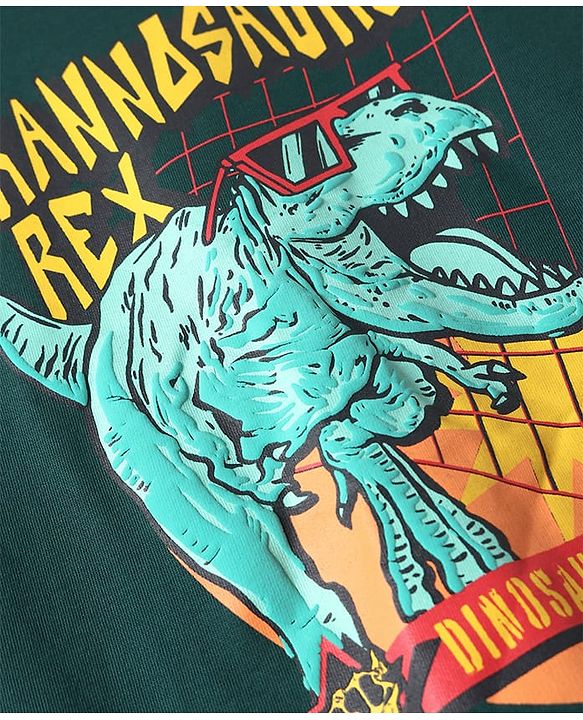 Pine Kids Cotton Knit Half Sleeves T-Shirt With Dino Print - Dark Green