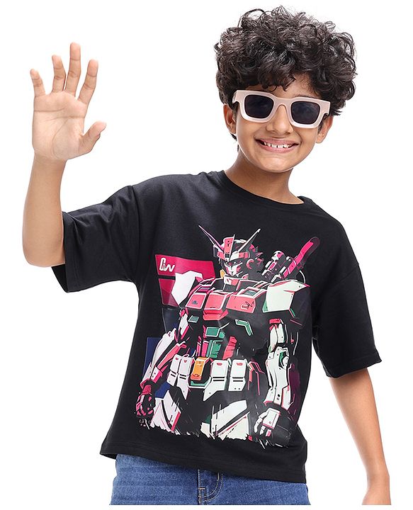 Pine Kids Cotton Knit Half Sleeves Over Sized T-Shirt with Transformer Print - Black