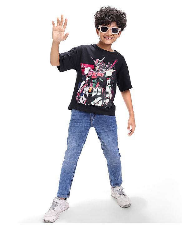 Pine Kids Cotton Knit Half Sleeves Over Sized T-Shirt with Transformer Print - Black