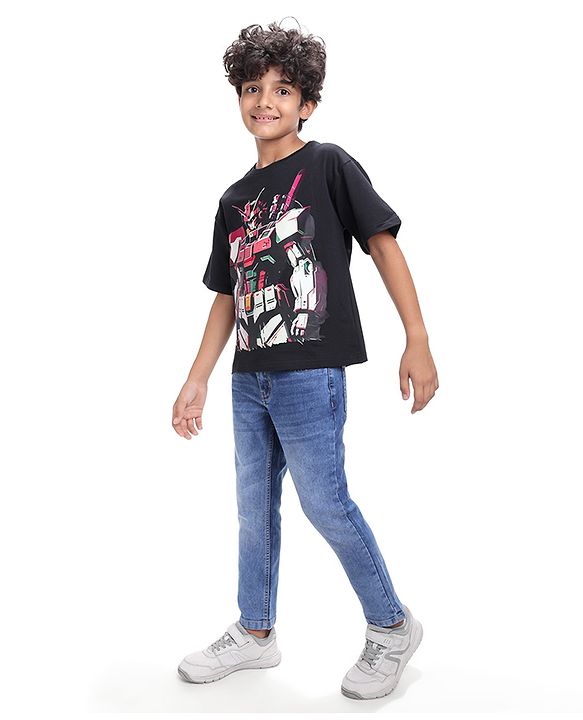 Pine Kids Cotton Knit Half Sleeves Over Sized T-Shirt with Transformer Print - Black