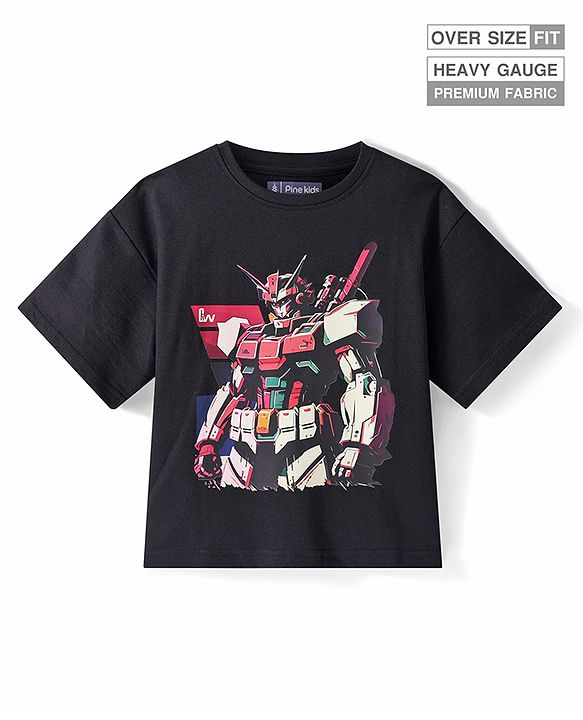 Pine Kids Cotton Knit Half Sleeves Over Sized T-Shirt with Transformer Print - Black