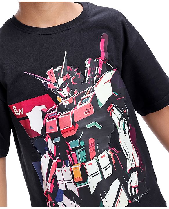 Pine Kids Cotton Knit Half Sleeves Over Sized T-Shirt with Transformer Print - Black