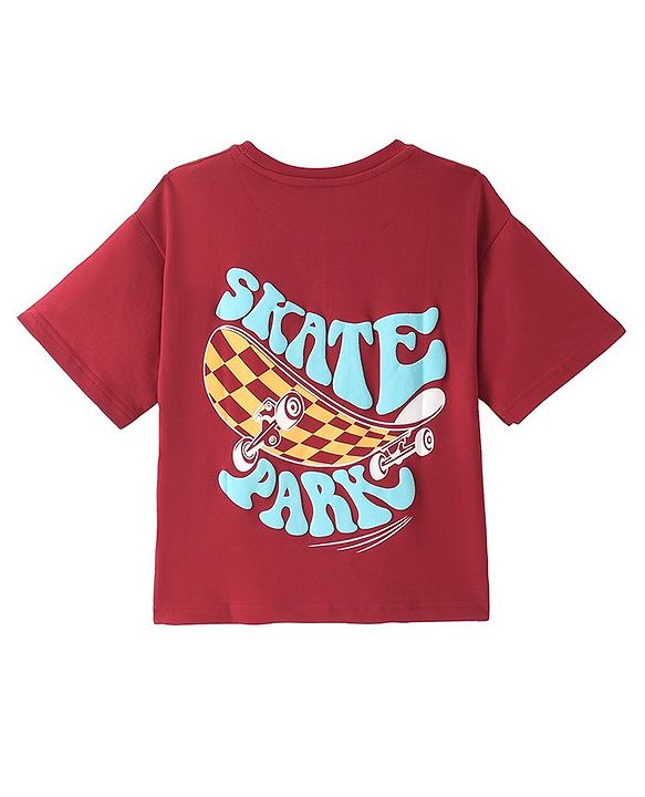 Pine Kids Cotton Knit Half Sleeves T-Shirt with Text Print - Maroon