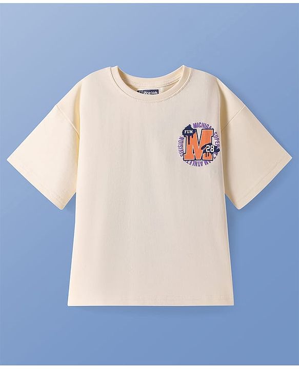 Pine Kids Cotton Knit Oversized Half Sleeves T-Shirt with Text Print - Cream