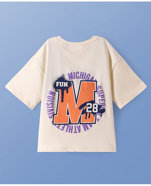 Pine Kids Cotton Knit Oversized Half Sleeves T-Shirt with Text Print - Cream