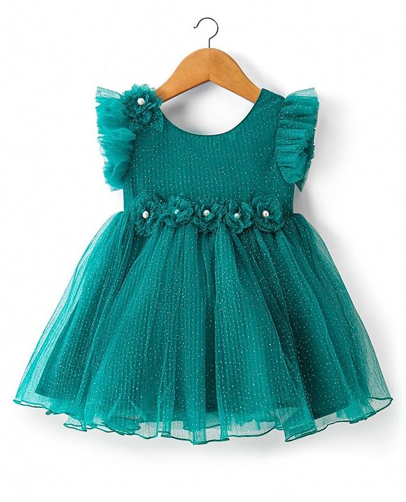 Babyhug Woven Frill Sleeves Shimmered Party Frock with with Floral Detailing - Green
