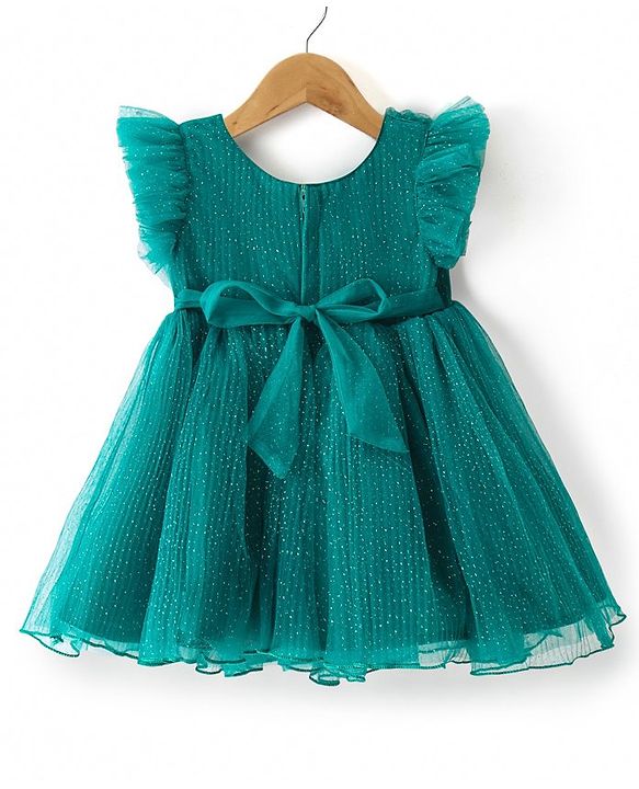 Babyhug Woven Frill Sleeves Shimmered Party Frock with with Floral Detailing - Green