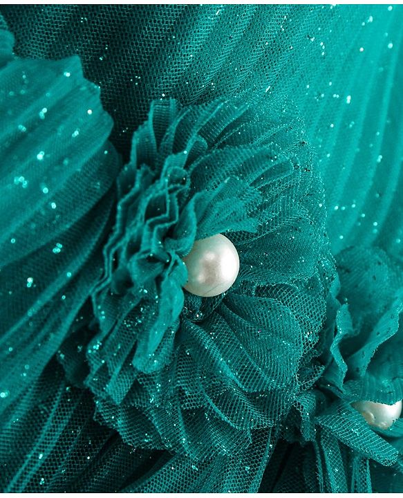 Babyhug Woven Frill Sleeves Shimmered Party Frock with with Floral Detailing - Green