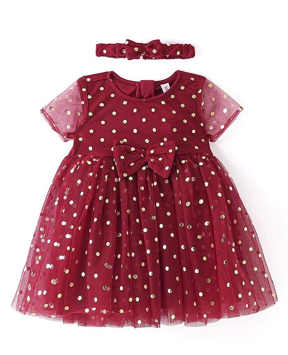 Babyhug Woven Half Sleeves Fit and Flare Party Frock Polka Dot Foil Print & Bow Applique With Headband  - Red