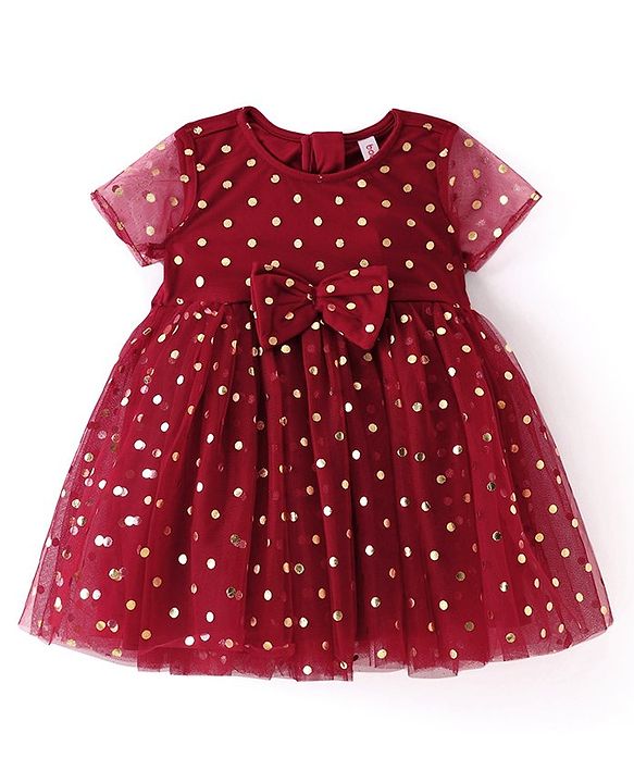 Babyhug Woven Half Sleeves Fit and Flare Party Frock Polka Dot Foil Print & Bow Applique With Headband  - Red