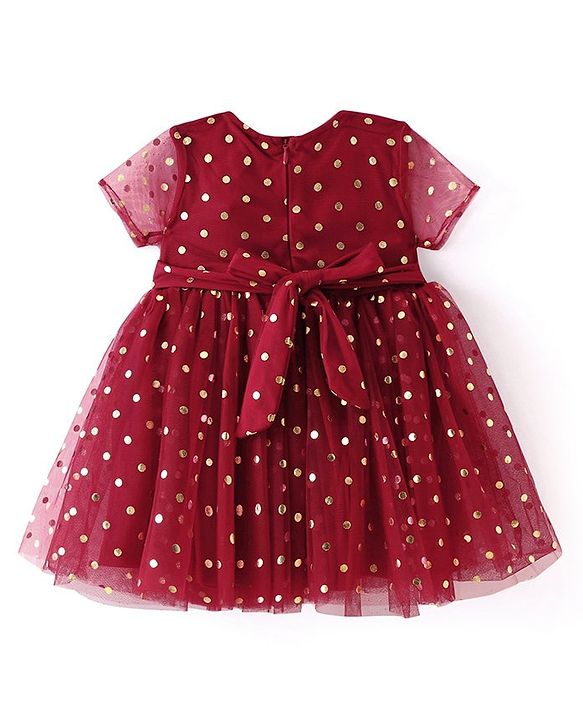 Babyhug Woven Half Sleeves Fit and Flare Party Frock Polka Dot Foil Print & Bow Applique With Headband  - Red