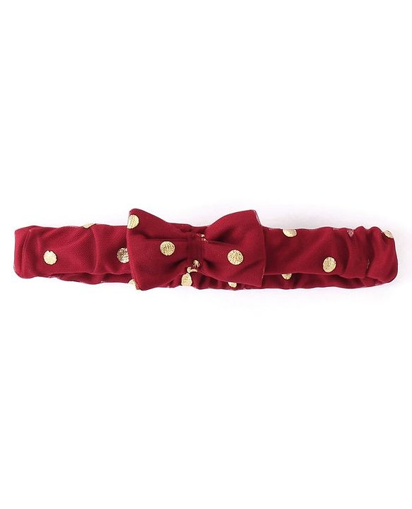 Babyhug Woven Half Sleeves Fit and Flare Party Frock Polka Dot Foil Print & Bow Applique With Headband  - Red