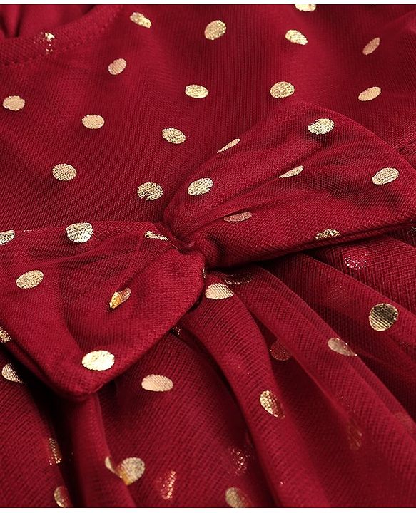 Babyhug Woven Half Sleeves Fit and Flare Party Frock Polka Dot Foil Print & Bow Applique With Headband  - Red