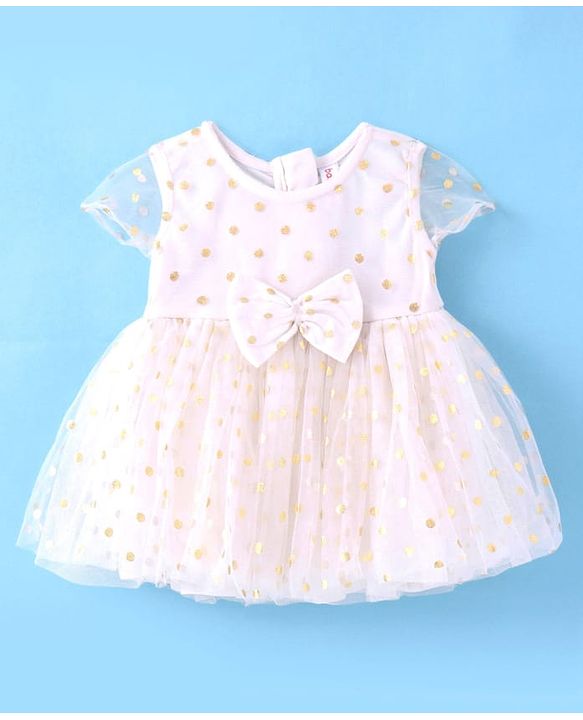 Babyhug Woven Half Sleeves Fit & Flared Party Frock with Headband Glitter Polka Dot Print & Bow Applique - White