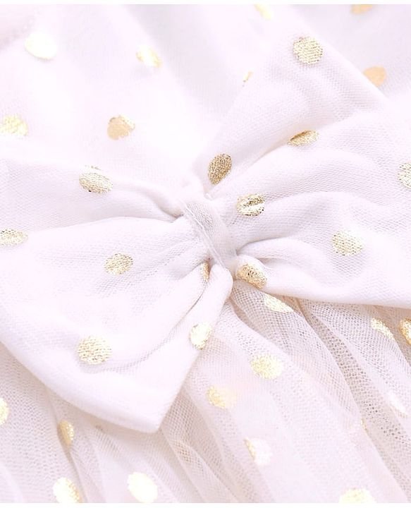 Babyhug Woven Half Sleeves Fit & Flared Party Frock with Headband Glitter Polka Dot Print & Bow Applique - White