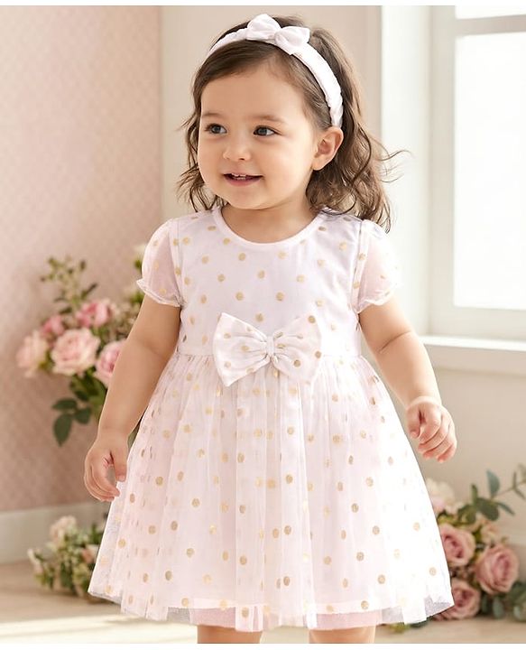 Babyhug Woven Half Sleeves Fit & Flared Party Frock with Headband Glitter Polka Dot Print & Bow Applique - White