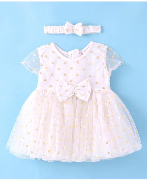 Babyhug Woven Half Sleeves Fit & Flared Party Frock with Headband Glitter Polka Dot Print & Bow Applique - White