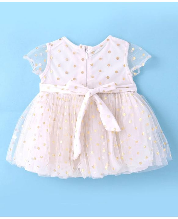 Babyhug Woven Half Sleeves Fit & Flared Party Frock with Headband Glitter Polka Dot Print & Bow Applique - White